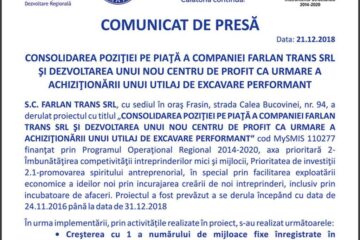 CONSOLIDAREA POZIȚIEI PE PIAȚĂ A COMPANIEI FARLAN TRANS SRL ȘI DEZVOLTAREA UNUI NOU CENTRU DE PROFIT CA URMARE A ACHIZIȚIONĂRII UNUI UTILAJ DE EXCAVARE PERFORMANT