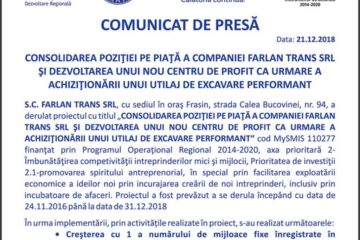 CONSOLIDAREA POZIȚIEI PE PIAȚĂ A COMPANIEI FARLAN TRANS SRL ȘI DEZVOLTAREA UNUI NOU CENTRU DE PROFIT CA URMARE A ACHIZIȚIONĂRII UNUI UTILAJ DE EXCAVARE PERFORMANT
