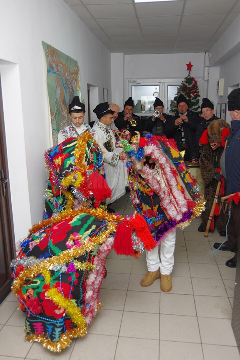 Un grup de datini și obiceiuri din Fântânele a colindat ieri redacția Monitorului de Suceava