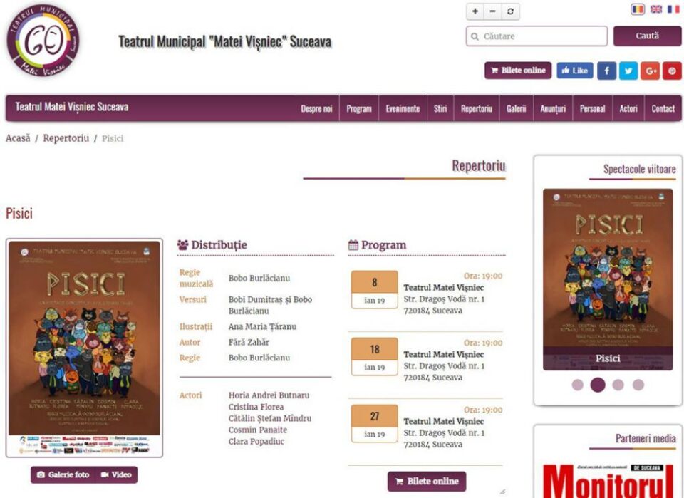 Bilete online pentru spectacolele Teatrului Municipal „Matei Vișniec”