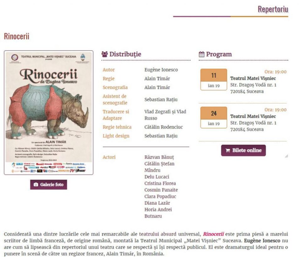 Bilete online pentru spectacolele Teatrului Municipal „Matei Vișniec”