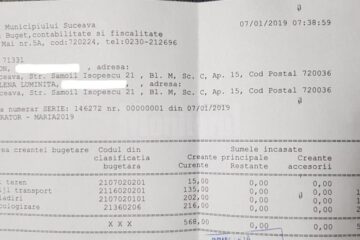 Chitanta cu numarul 1, emisa de Primaria Suceava, catre contribuabilul Ion Lungu