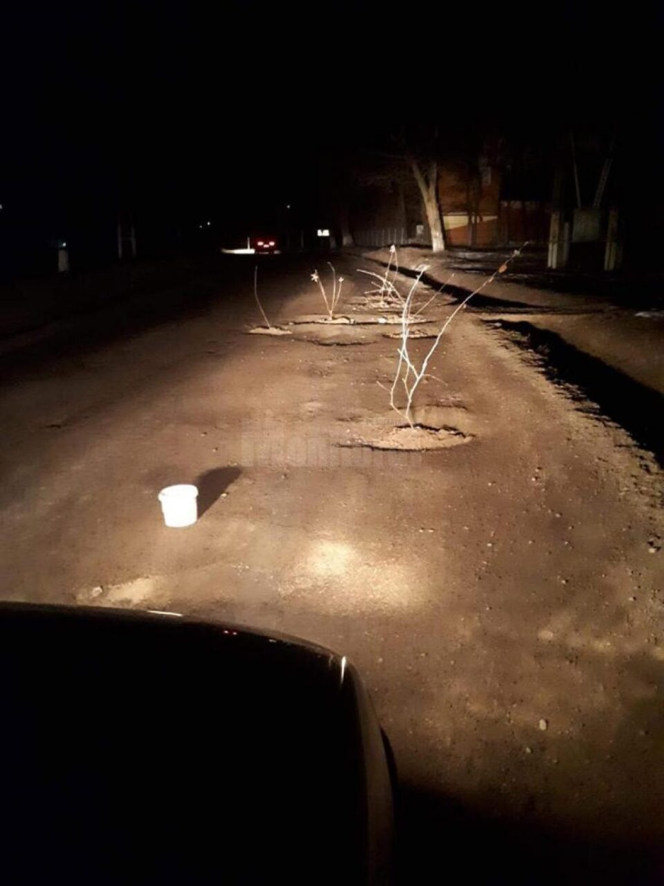 Gropi astupate cu pământ și crengi, pe strada principală din Mitocu Dragomirnei