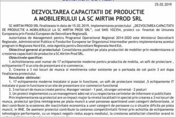 DEZVOLTAREA CAPACITATII DE PRODUCTIE A MOBILIERULUI LA SC MIRTIM PROD SRL