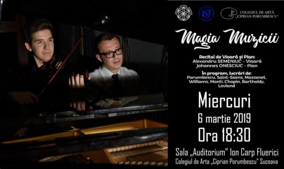 „Magia muzicii” - recital de vioară și pian, miercuri, la Colegiul de Artă