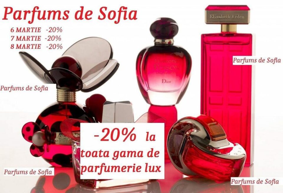 Reduceri de 20% la toată gama de parfumerie de lux, pe 6, 7 și 8 martie, în magazinele Parfums de Sofia (PS) Reduceri de 20% la toată gama de parfumerie de lux, pe 6, 7 și 8 martie, în magazinele Parfums de Sofia (PS)