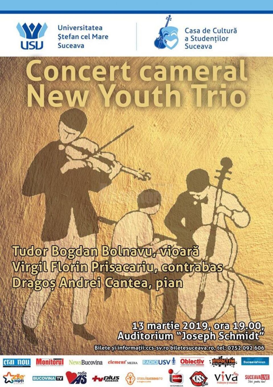 Concert cameral cu „New Youth Trio”, miercuri, pe scena Universității din Suceava