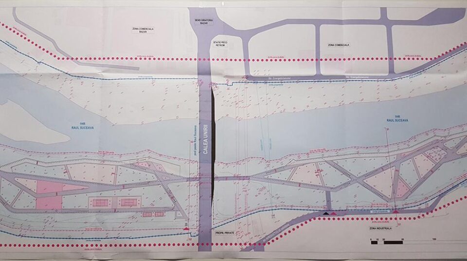 Zonă de agrement cu faleză, terenuri de sport, pistă de biciclete și spațiu pentru evenimente, pe malul râului Suceava
