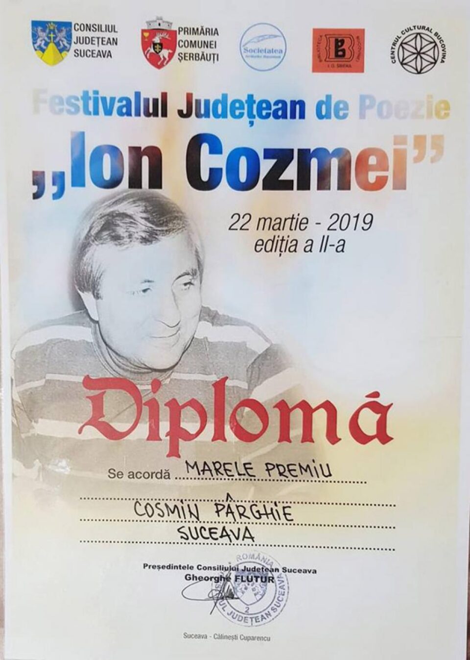Marele premiu al Festivalului județean de poezie „Ion Cozmei”, ediția a II-a, câștigat de poetul sucevean Cosmin Pârghie