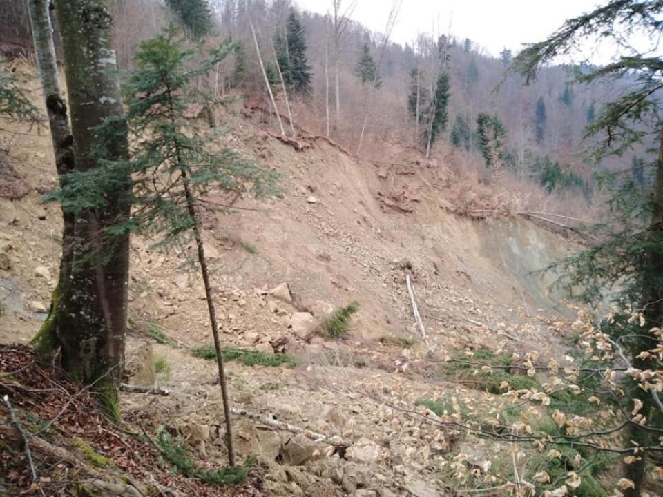 Alunecare de teren masivă în fondul forestier, în comuna Frumosu