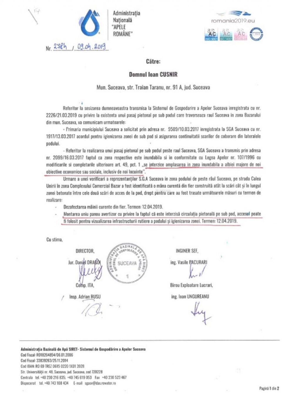 Adresa primită de liderul PSD Suceava de la Apele Române