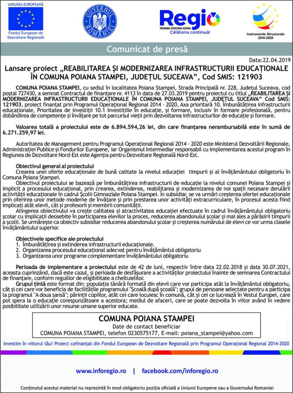 Lansare proiect „REABILITAREA ȘI MODERNIZAREA INFRASTRUCTURII EDUCAȚIONALE ÎN COMUNA POIANA STAMPEI, JUDEȚUL SUCEAVA”, Cod SMIS: 121903