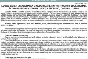 Lansare proiect „REABILITAREA ȘI MODERNIZAREA INFRASTRUCTURII EDUCAȚIONALE ÎN COMUNA POIANA STAMPEI, JUDEȚUL SUCEAVA”, Cod SMIS: 121903