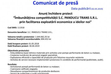 Anunț încheire proiect „Îmbunătățirea competitivității S.C. Panducu Trans S.R.L. prin facilitarea exploatării economice a ideilor noi”