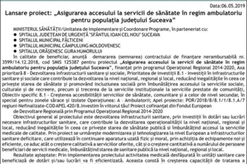 Lansare proiect: „Asigurarea accesului la servicii de sănătate în regim ambulatoriu pentru populația județului Suceava”