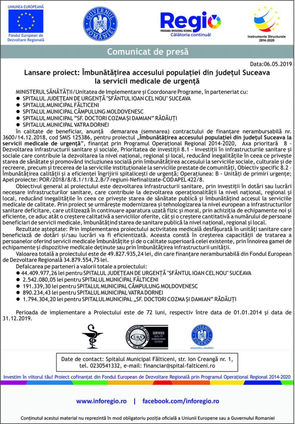 Lansare proiect: Îmbunătățirea accesului populației din județul Suceava la servicii medicale de urgență