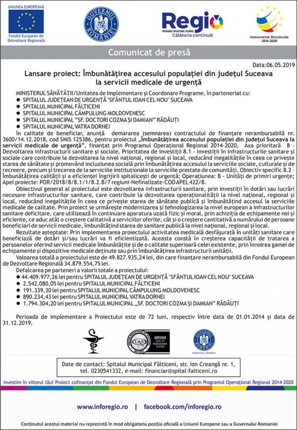 Lansare proiect: Îmbunătățirea accesului populației din județul Suceava la servicii medicale de urgență