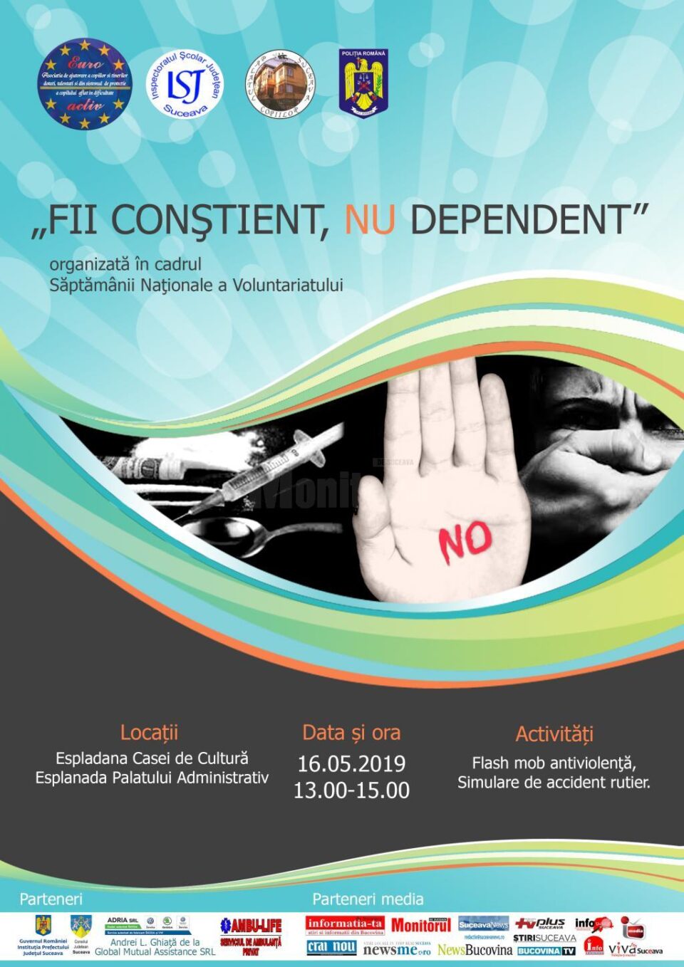 Flash mob antiviolență și o simulare de accident rutier, joi, pe esplanada Casei de Cultură și pe esplanada Palatului Administrativ