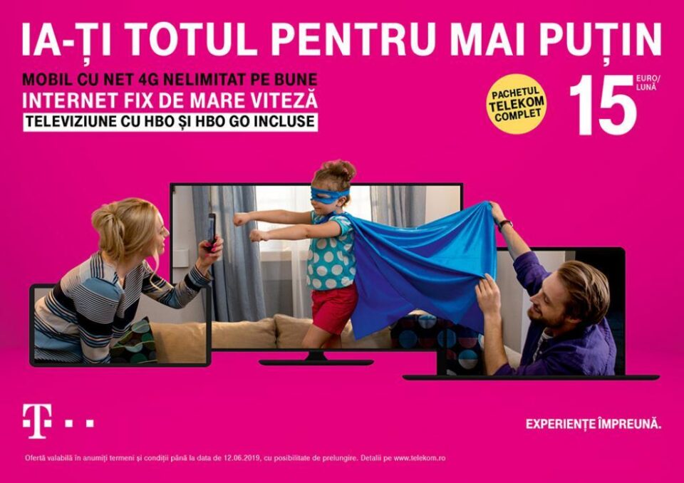 Pachetul Telekom Complet: mobil cu Net Nelimitat 4G, Internet fix de mare viteză și televiziune, cu HBO și HBO GO incluse până la finalul anului, la doar 15 euro / lună. Pachetul Telekom Complet: mobil cu Net Nelimitat 4G, Internet fix de mare viteză și televiziune, cu HBO și HBO GO incluse până la finalul anului, la doar 15 euro / lună.