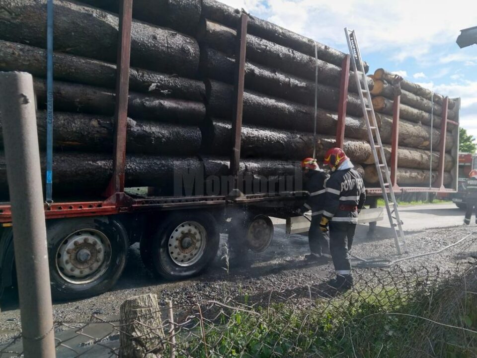 Focul a pornit de la pneu și a afectat și o parte din bușteni