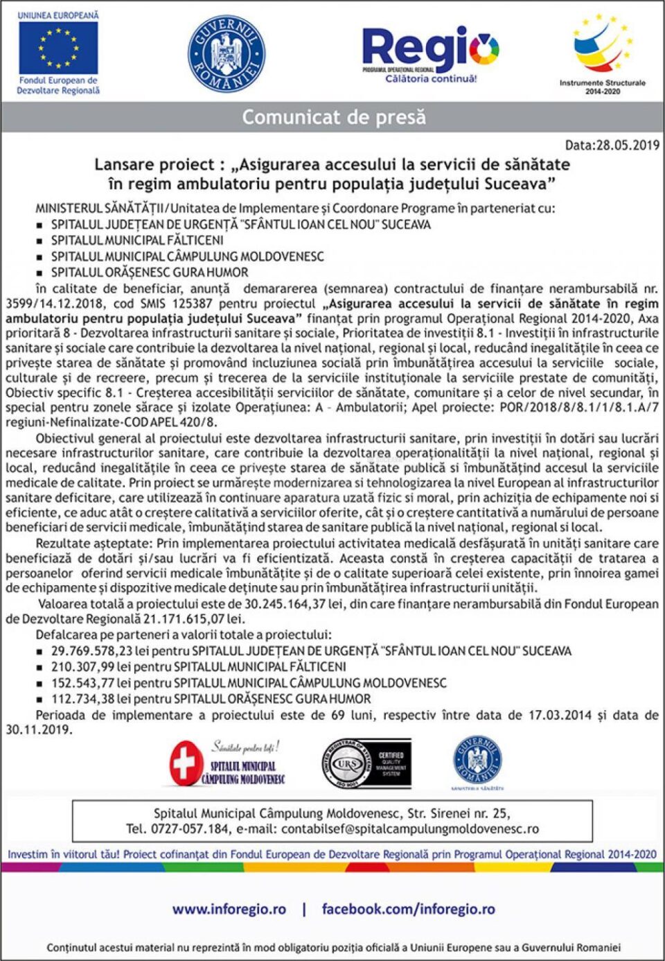 Lansare proiect : „Asigurarea accesului la servicii de sănătate în regim ambulatoriu pentru populația județului Suceava”