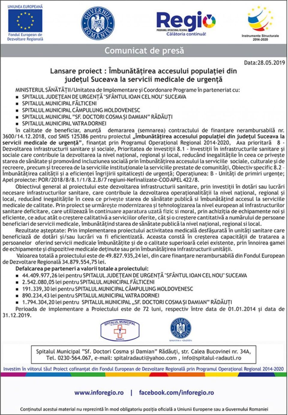 Lansare proiect: Îmbunătățirea accesului populației din județul Suceava la servicii medicale de urgență - Rădăuți