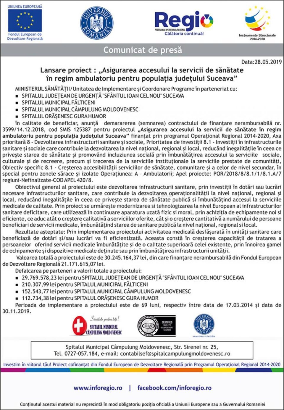 Lansare proiect : „Asigurarea accesului la servicii de sănătate în regim ambulatoriu pentru populația județului Suceava”