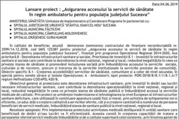 Lansare proiect : „Asigurarea accesului la servicii de sănătate în regim ambulatoriu pentru populația județului Suceava”