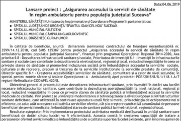 Lansare proiect : „Asigurarea accesului la servicii de sănătate în regim ambulatoriu pentru populația județului Suceava”