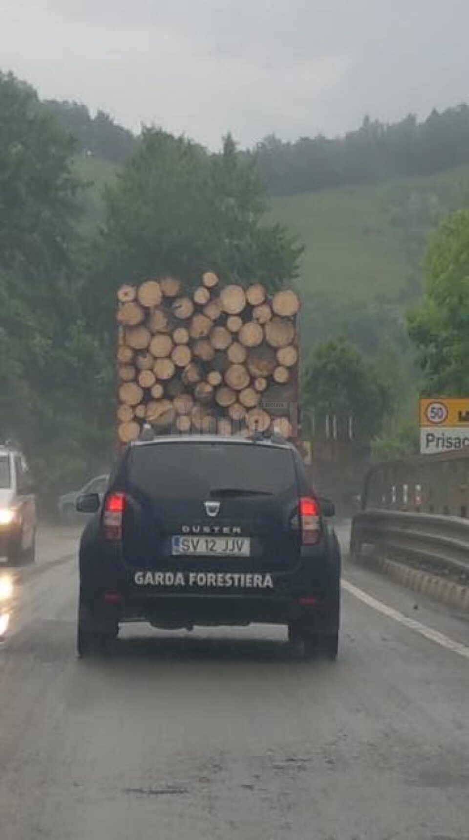 Mașina Gărzii Forestiere, aflată în control, pozata si data ca exemplu de activitate infractionala