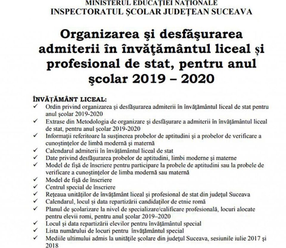 Broșura de admitere la liceu a fost publicată pe site-ul IȘJ Suceava