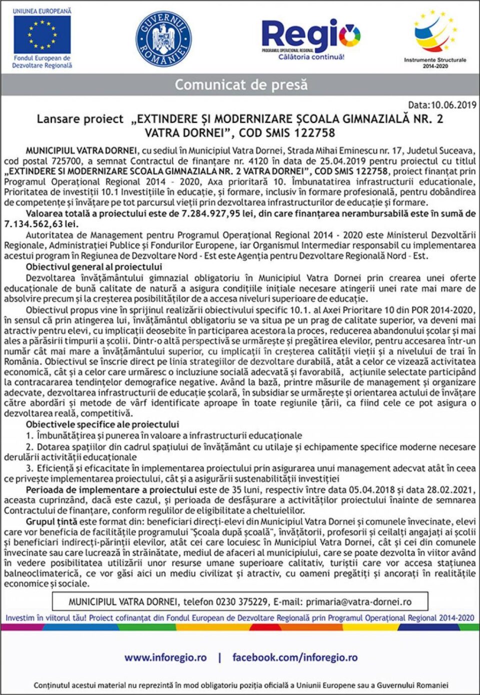 Lansare proiect „EXTINDERE ȘI MODERNIZARE ȘCOALA GIMNAZIALĂ NR. 2 VATRA DORNEI”, COD SMIS 122758