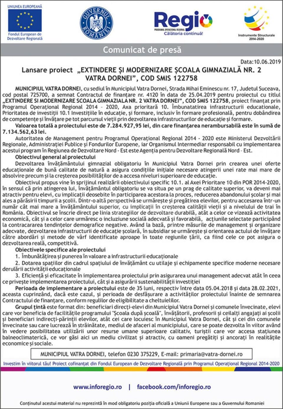 Lansare proiect „EXTINDERE ȘI MODERNIZARE ȘCOALA GIMNAZIALĂ NR. 2 VATRA DORNEI”, COD SMIS 122758