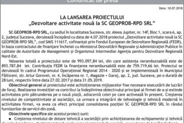 LA LANSAREA PROIECTULUI „Dezvoltare activitate nouă la SC GEOPROB-RPD SRL”