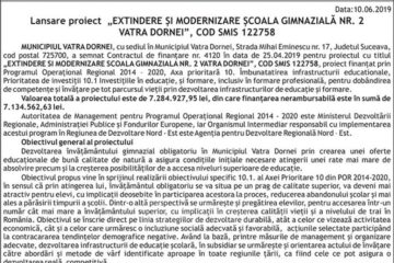 Lansare proiect „EXTINDERE ȘI MODERNIZARE ȘCOALA GIMNAZIALĂ NR. 2 VATRA DORNEI”, COD SMIS 122758