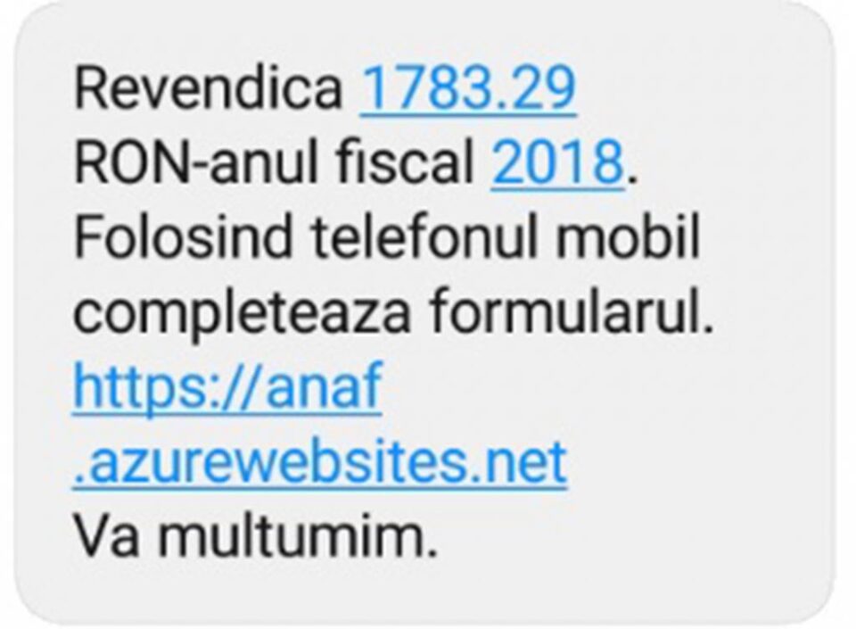 Un exemplu de SMS transmis contribuabililor prin care aceștia sunt informați că trebuie să primească bani