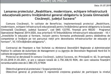 Lansarea proiectului „Reabilitare, modernizare, echipare infrastructură educațională pentru învățământul general obligatoriu la Școala Gimnazială Ciocănești, județul Suceava”