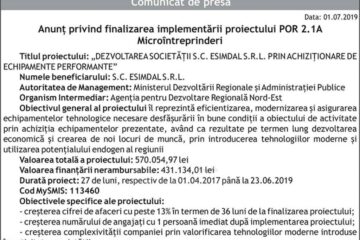 Anunț privind finalizarea implementării proiectului POR 2.1A Microîntreprinderi