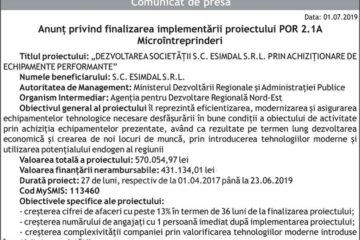 Anunț privind finalizarea implementării proiectului POR 2.1A Microîntreprinderi