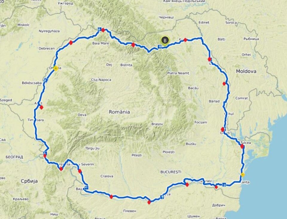 Traseul parcurs de humoreni în cadrul Turului României. Punctele roșii reprezintă locurile în care au înnoptat iar cele galbene locațiile în care au făcut pauză de o zi Traseul parcurs de humoreni în cadrul Turului României. Punctele roșii reprezintă locurile în care au înnoptat iar cele galbene locațiile în care au făcut pauză de o zi