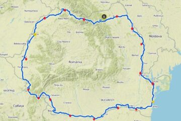 Traseul parcurs de humoreni în cadrul Turului României. Punctele roșii reprezintă locurile în care au înnoptat iar cele galbene locațiile în care au făcut pauză de o zi