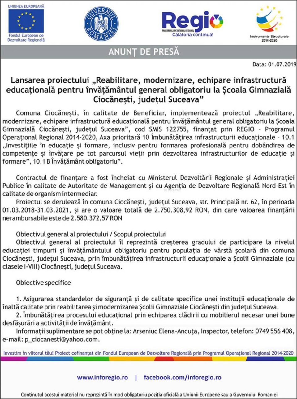 Lansarea proiectului „Reabilitare, modernizare, echipare infrastructură educațională pentru învățământul general obligatoriu la Școala Gimnazială Ciocănești, județul Suceava” Lansarea proiectului „Reabilitare, modernizare, echipare infrastructură educațională pentru învățământul general obligatoriu la Școala Gimnazială Ciocănești, județul Suceava”