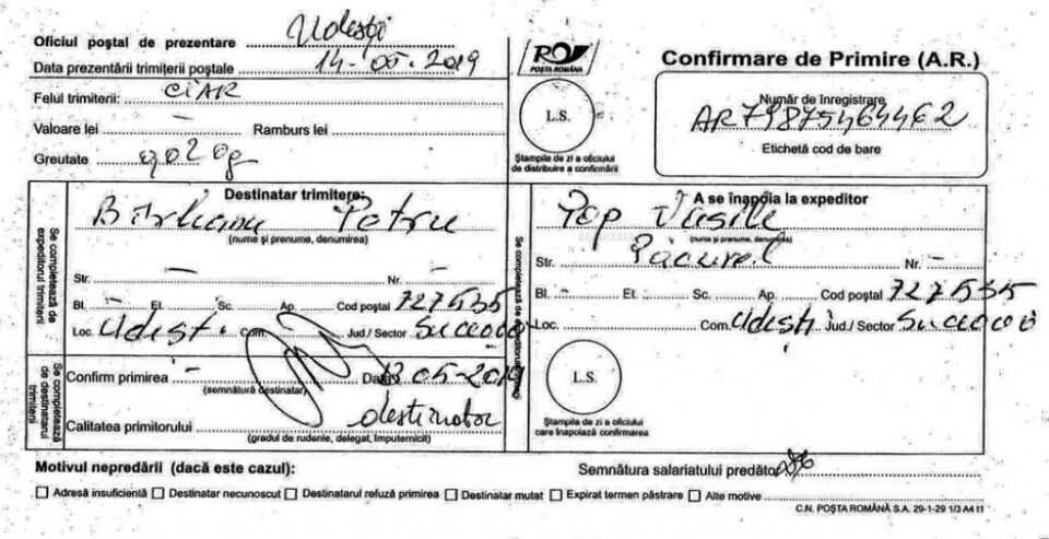 Mandatul poștal cu confirmare de primire prin care bătrânul a trimis plângerea la Postul de Poliție Udești