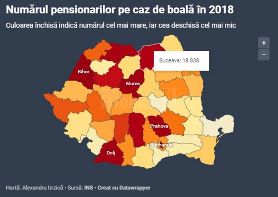Harta județelor după numărul de pensionari pe caz de boală