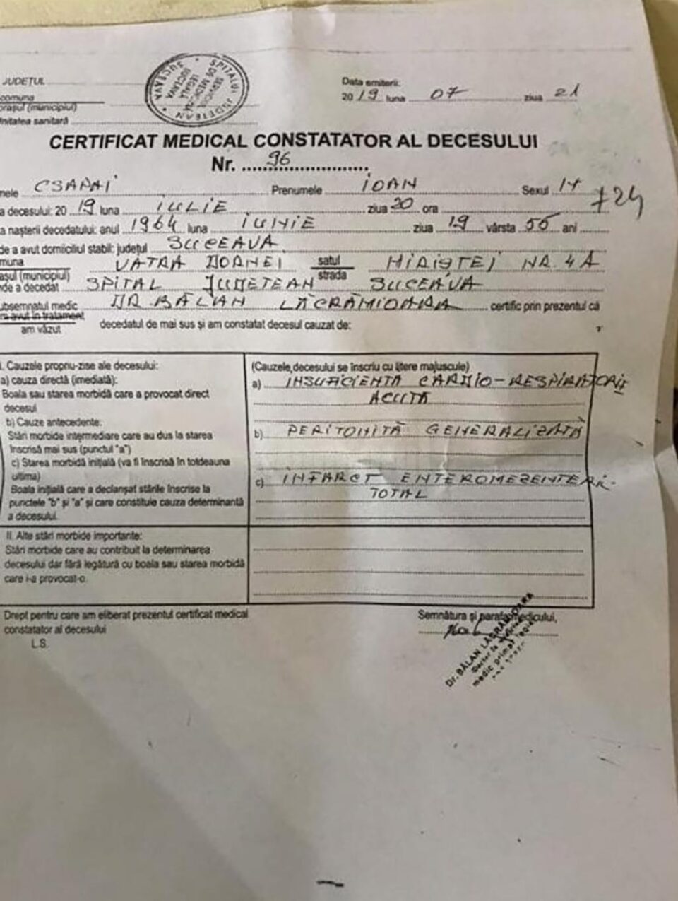 Certificatul de deces al lui Ioan Csapai
