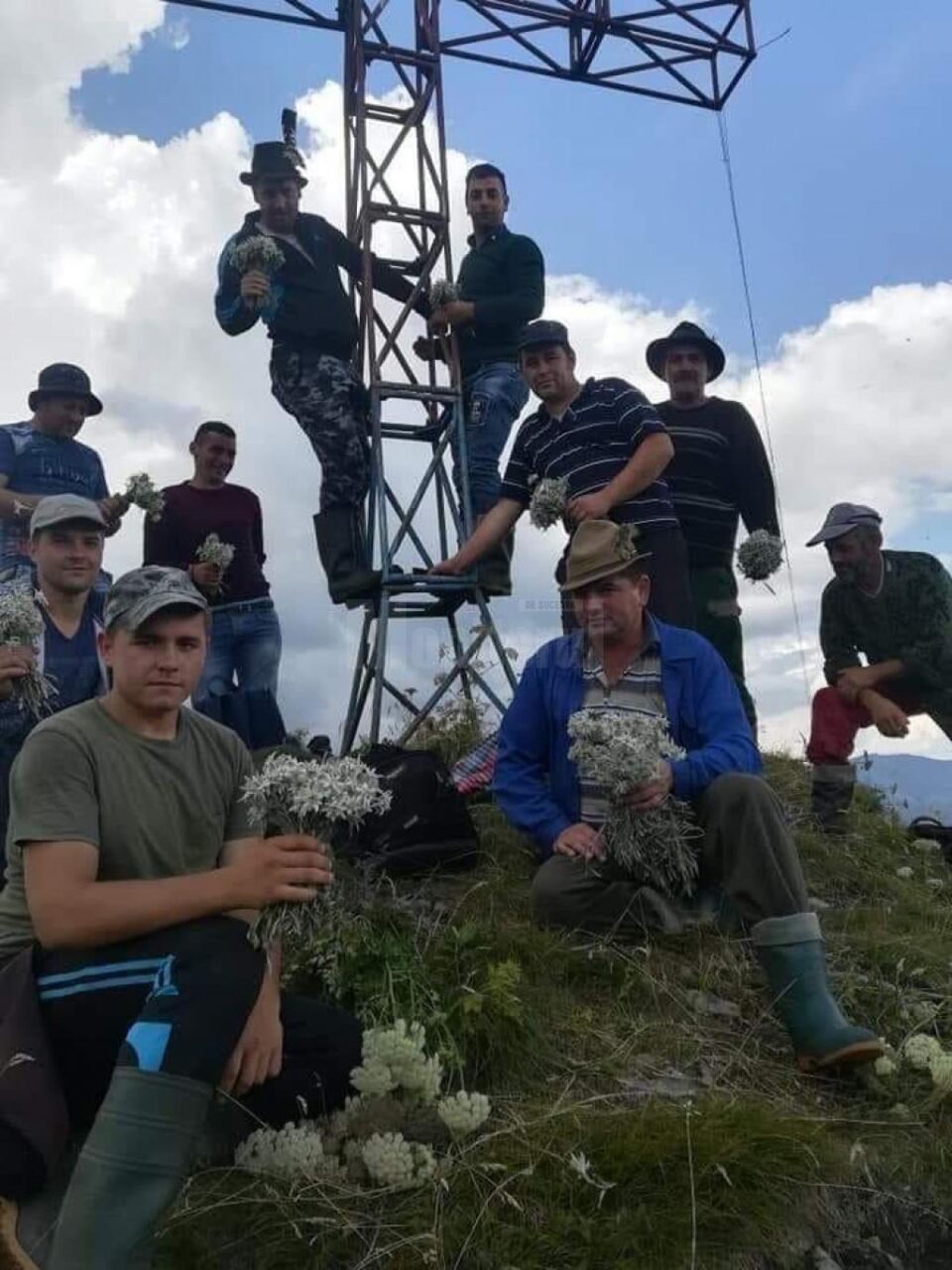 Cu buchete mari de flori-de-colț în mâini, mândri de isprava lor