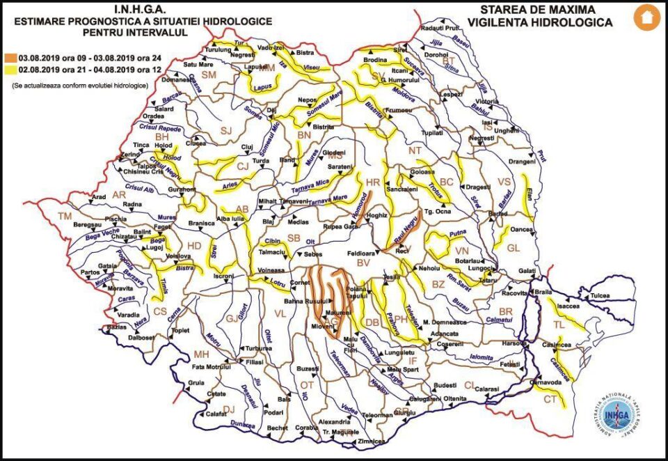 Avertizare hidrologică de torenți și viituri rapide în zona montană, până duminică la prânz