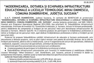 “MODERNIZAREA, DOTAREA ȘI ECHIPAREA INFRASTRUCTURII EDUCAȚIONALE A LICEULUI TEHNOLOGIC MIHAI EMINESCU, COMUNA DUMBRĂVENI, JUDEȚUL SUCEAVA”