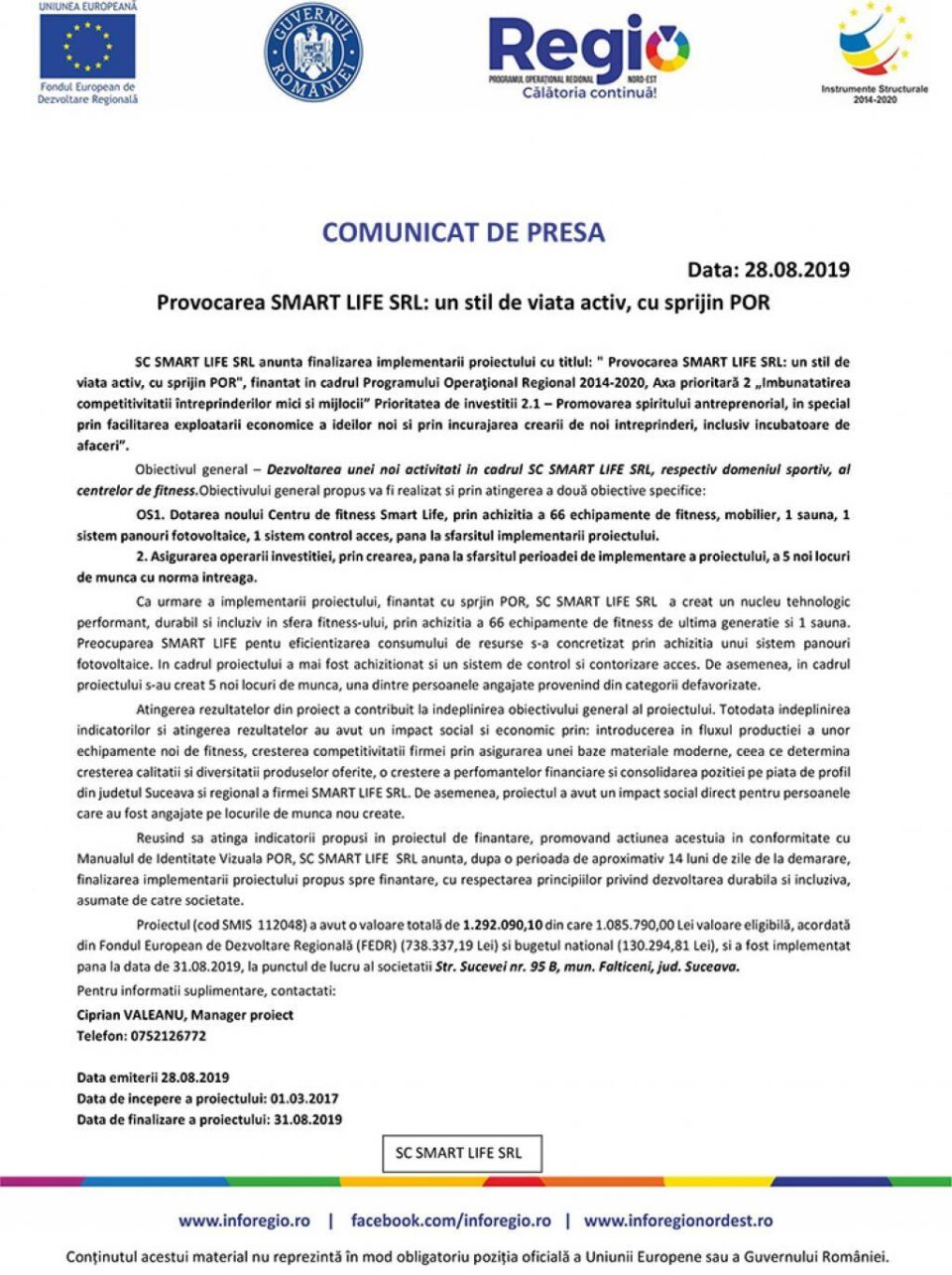 Provocarea SMART LIFE SRL: un stil de viata activ, cu sprijin POR