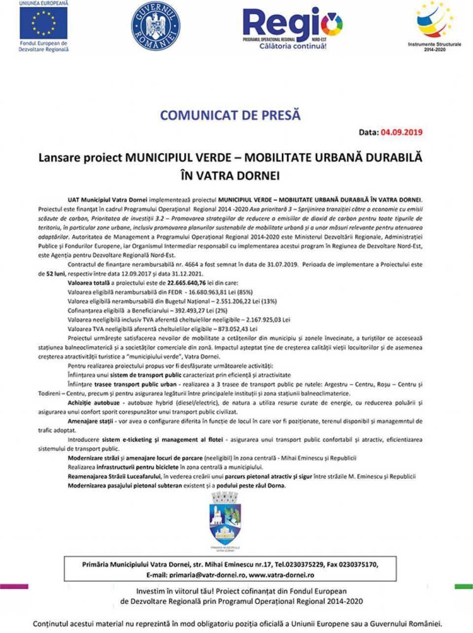 Lansare proiect MUNICIPIUL VERDE – MOBILITATE URBANĂ DURABILĂ ÎN VATRA DORNEI